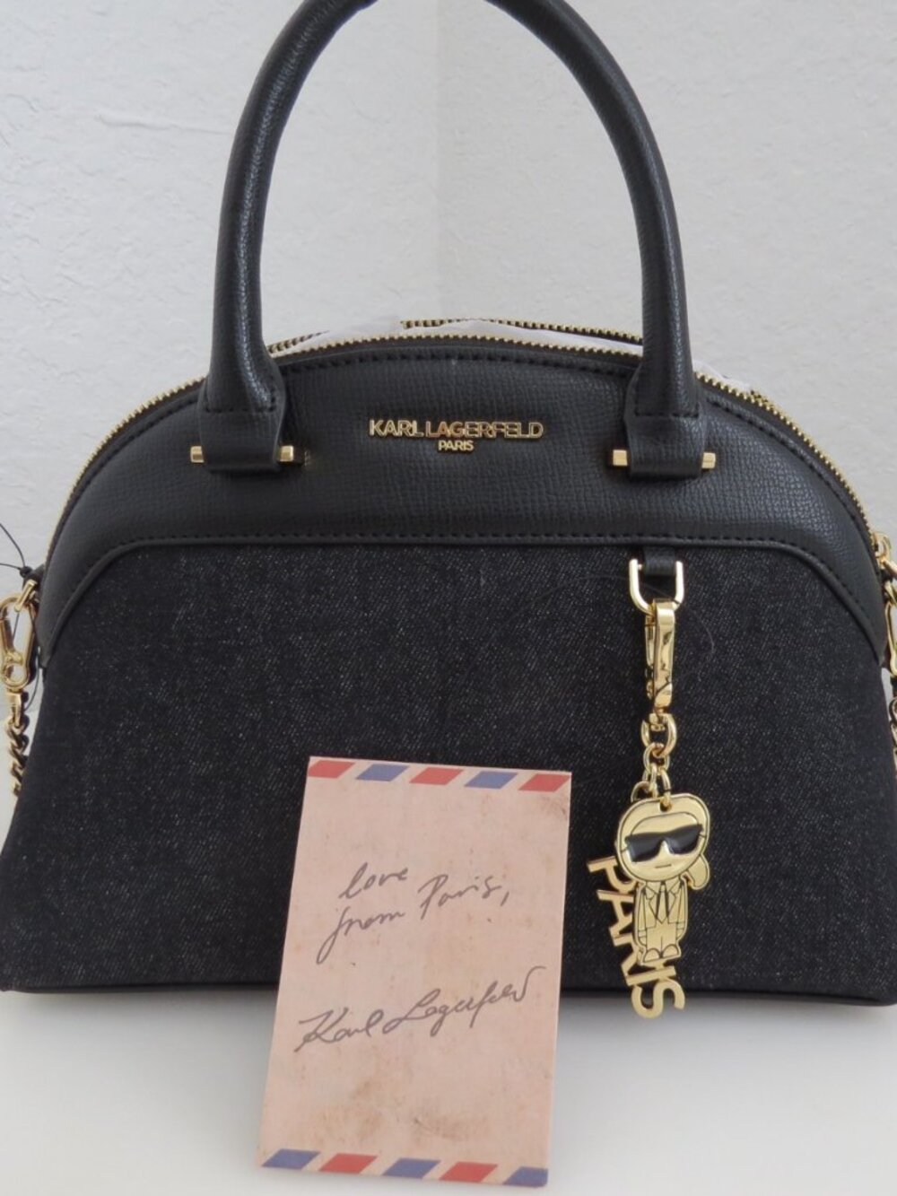 NWT Karl Lagerfeld Paris Charlaine Black Denim Satchel Crossbody Bag
